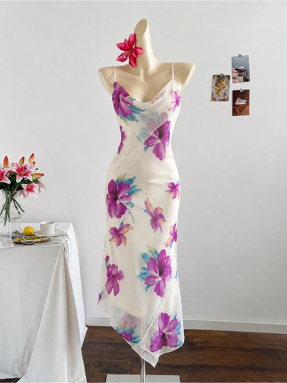 Jessica Ivory Asymmetrical Slip Dress with Purple & Teal Floral Print